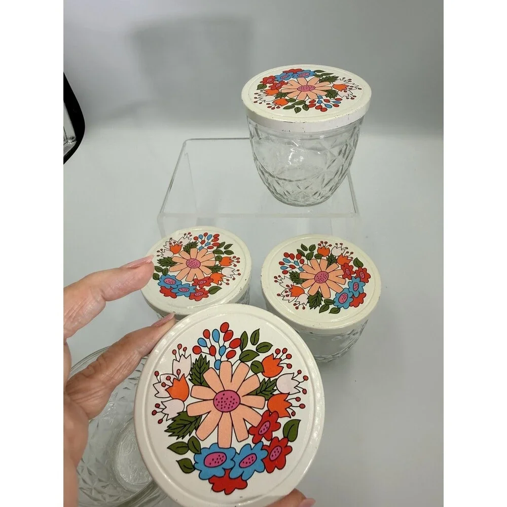 1960's Ball Quilted Glass #810 Jelly Jars White Floral Metal Caps Set 4 MCM